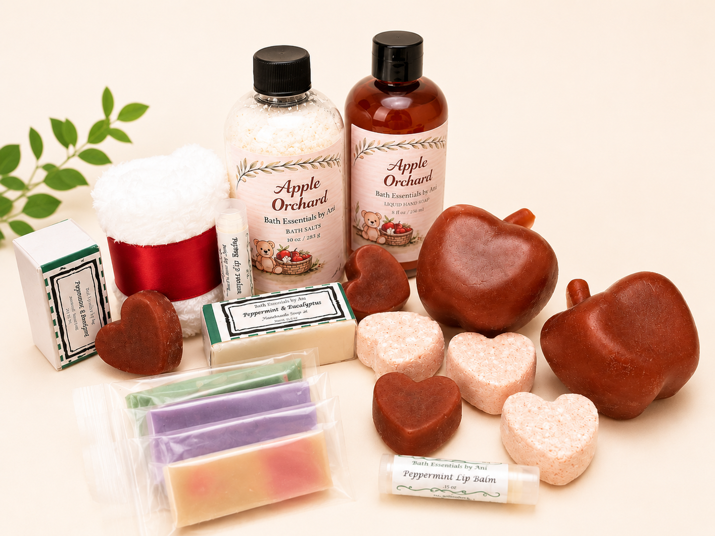 Apple Orchard gift set with bottles, heart soaps, and packaged bath items on tray