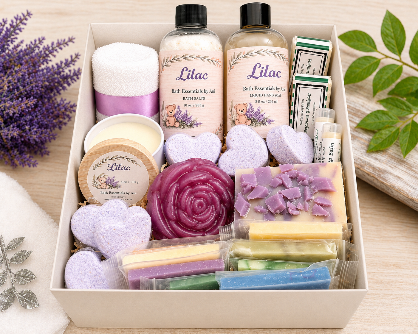 Lilac bath gift box with bath salts, soap bars, bath bomb, and scented candles