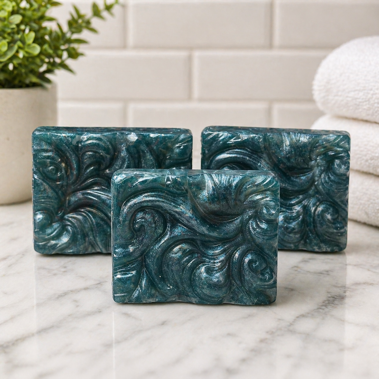 Three teal swirled handmade soap bars arranged on a light surface