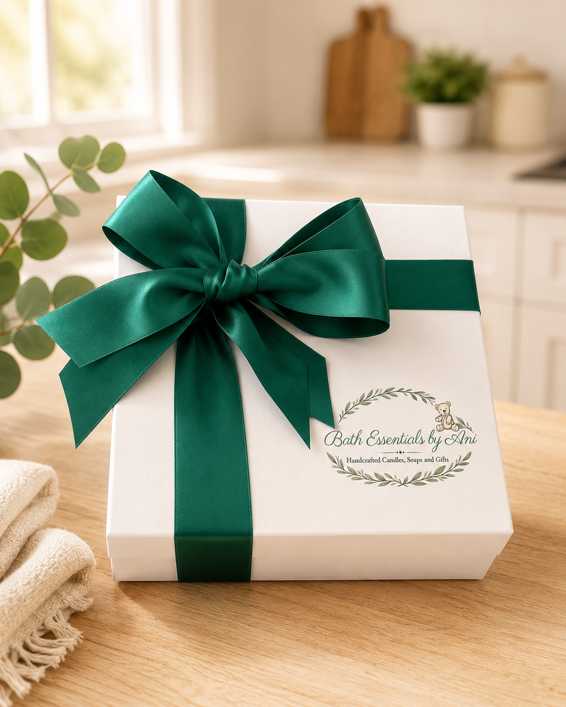 Yellow daisy bath gift box tied with a green ribbon bow on a wooden table