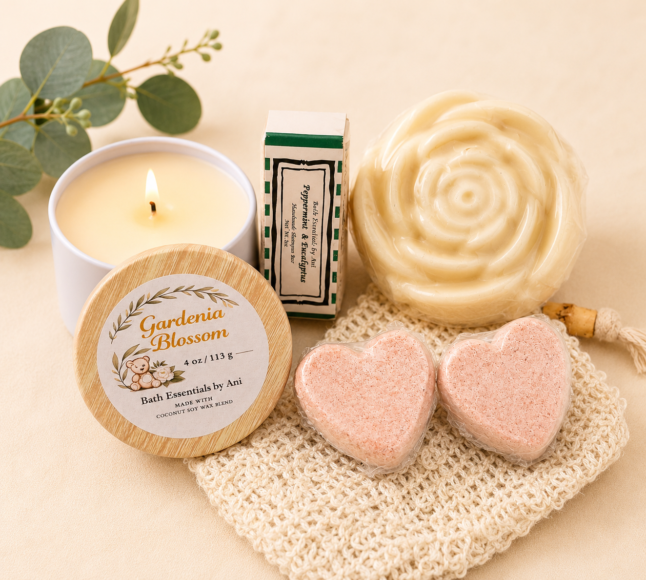 Gardenia blossom spa set with candle, round tin, heart bath bombs, rose soap