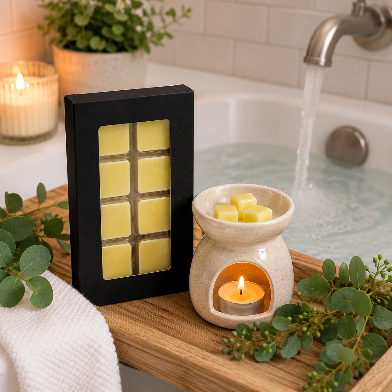 Scented wax melt tray beside ceramic wax warmer with tealight, on a wood surface.