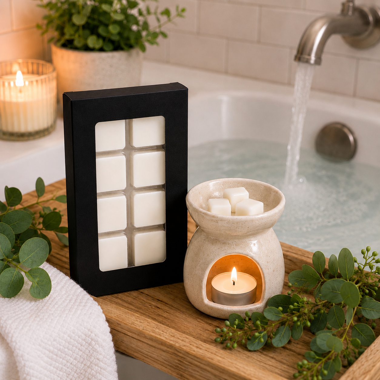 Wax melt burner with black holder, small wax cubes, lit tea light