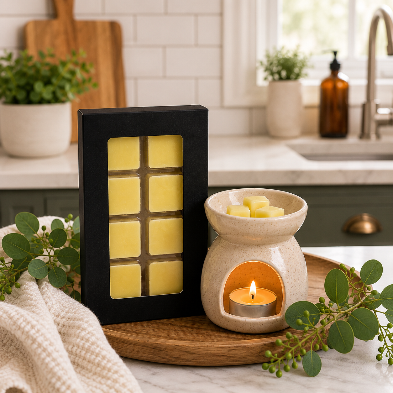 Bath gift set with lit candle, yellow wax melts, soap bars, and balm products