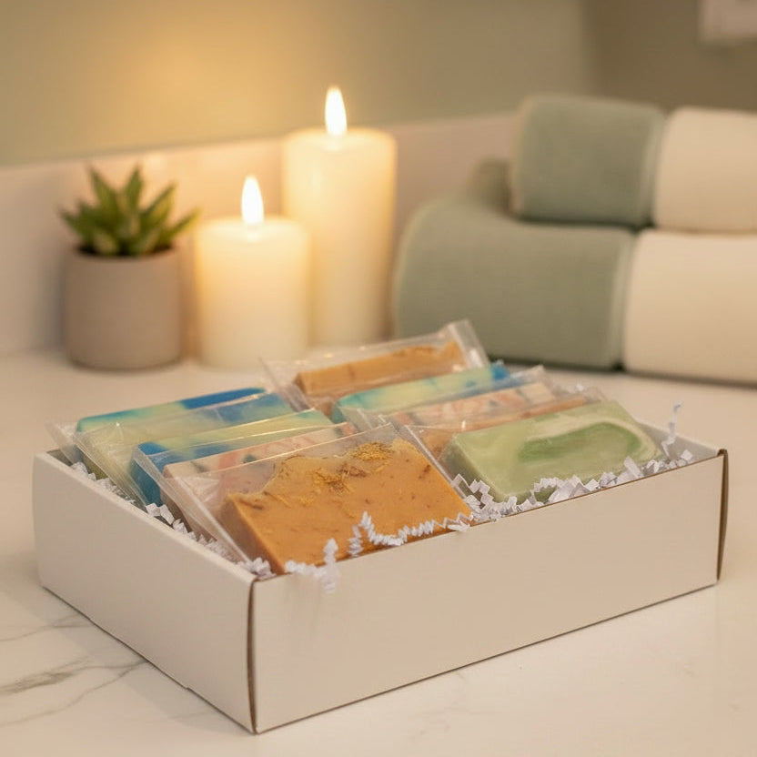 Mini handmade soap variety pack: assorted bars in a box with clear wrapping