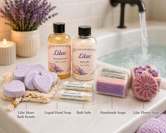 Lilac bath gift assortment with hand soaps, bath salts, heart bath bombs, and lip balms