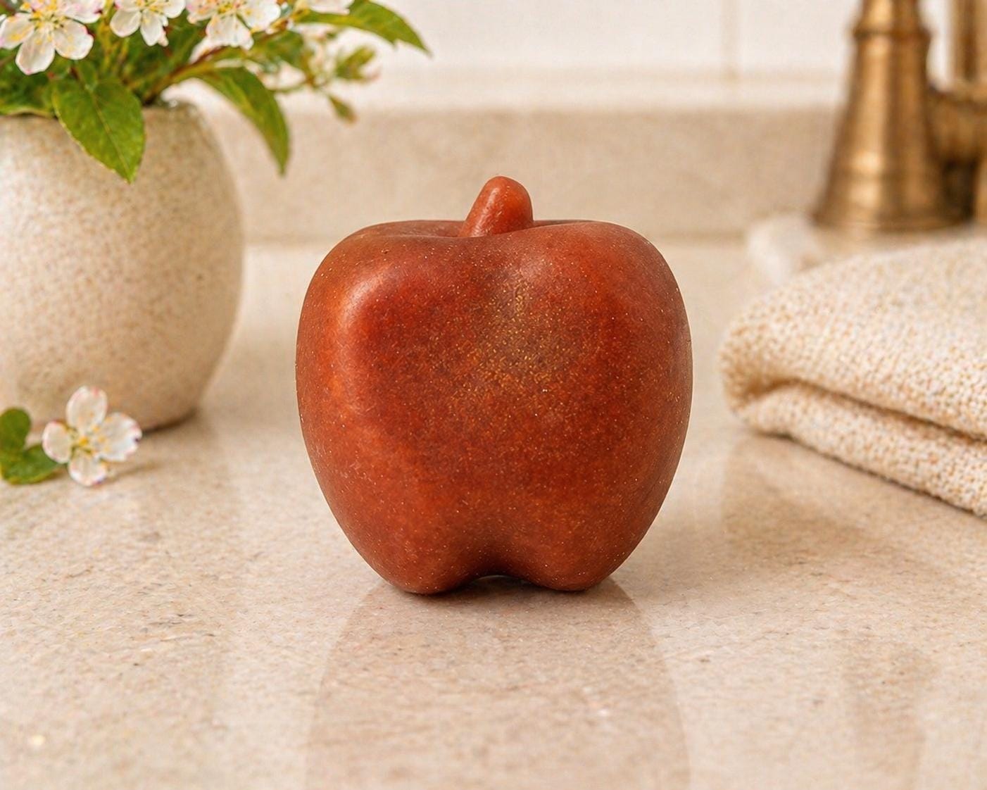 Red apple-shaped soap on a light fabric surface