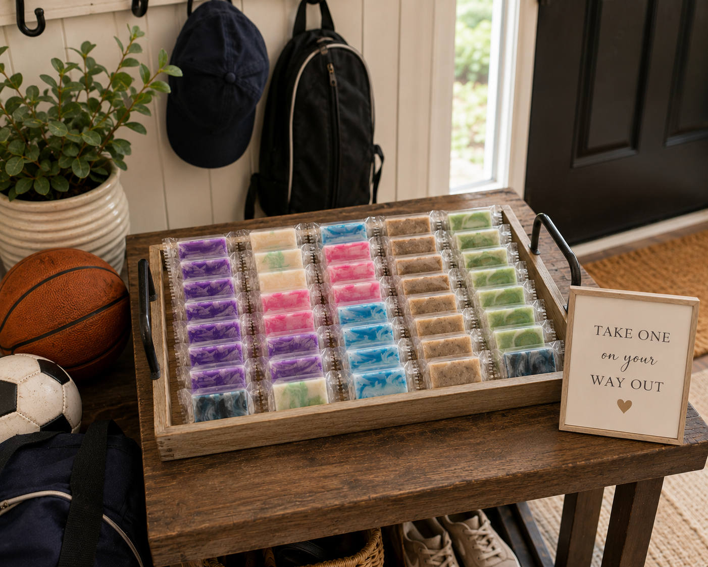 Mini wrapped soap bars display tray with assorted colored bars in clear sleeves