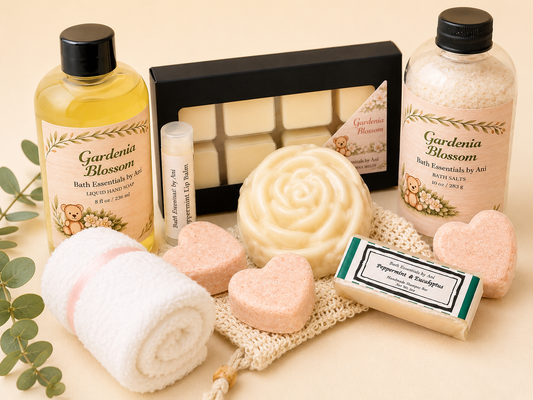 Bath gift set with gardenia-scented bottles, heart bath bombs, soap roll, wax melt