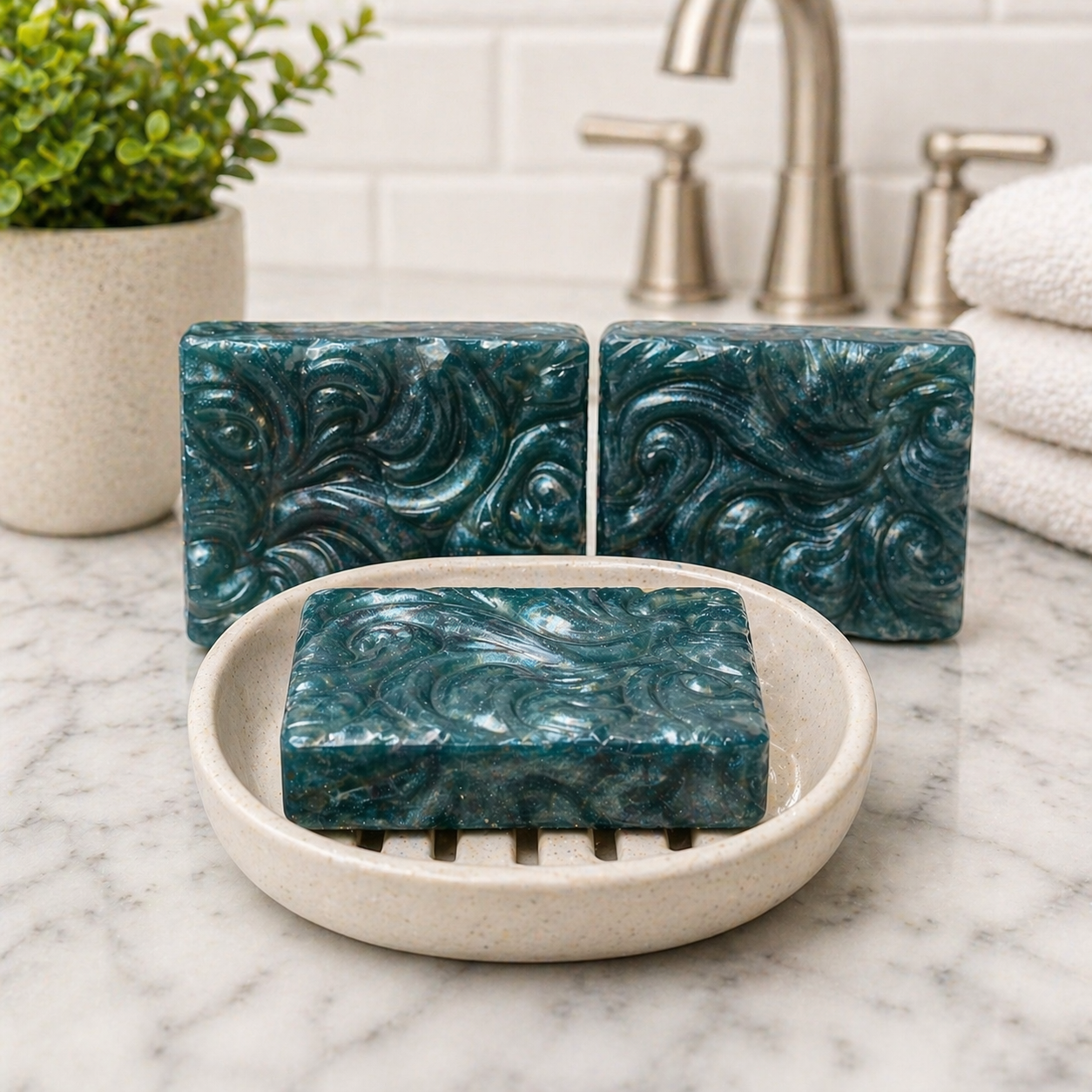 Blue handmade soap bars with star-shaped bath bombs on a round soap dish