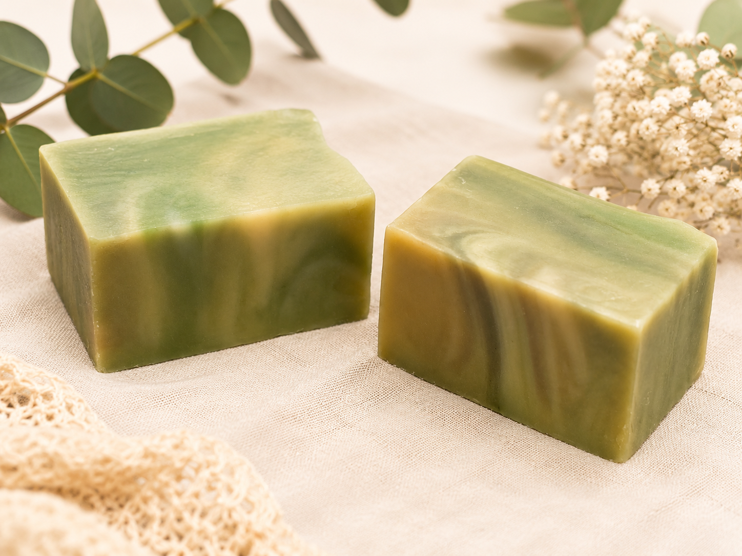 Two green soap bars on white textured cloth