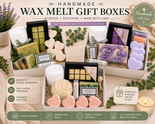 Spa gift box with assorted wax melts, soap bars, bath bomb pieces, and small candles