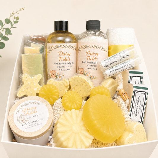 Spa gift basket with yellow daisy bath soaps, bath salts, hand soap, and candle