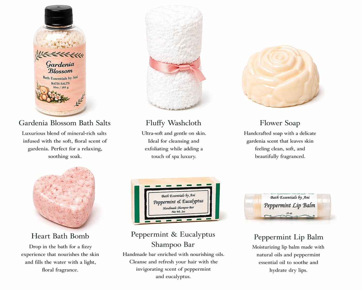 Bath gift set assortment: bath salts bottles, heart bath bombs, rose soap, balm
