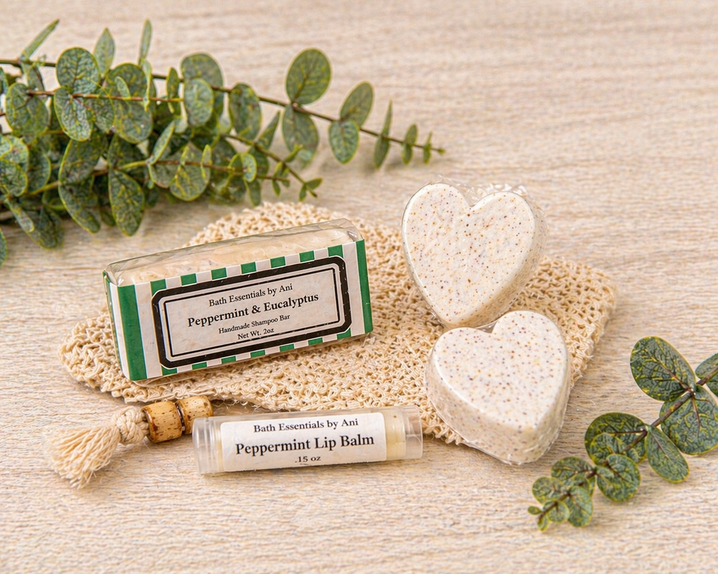 Bath gift set with heart soaps, eucalyptus & tea tree lip balm, and bath sponge
