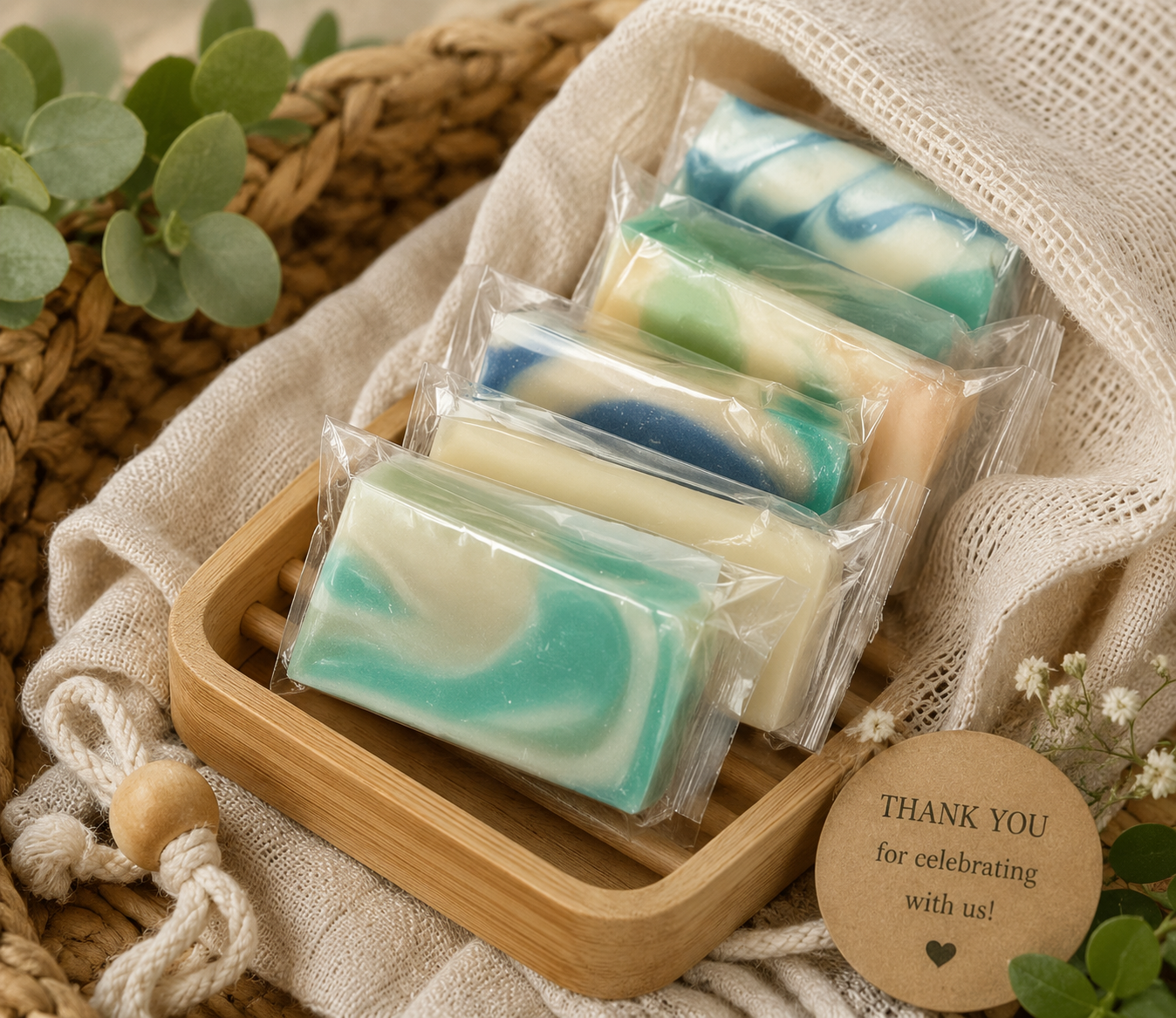 Mini wrapped soap bars in a wooden tray on beige cloth, blue and green bars