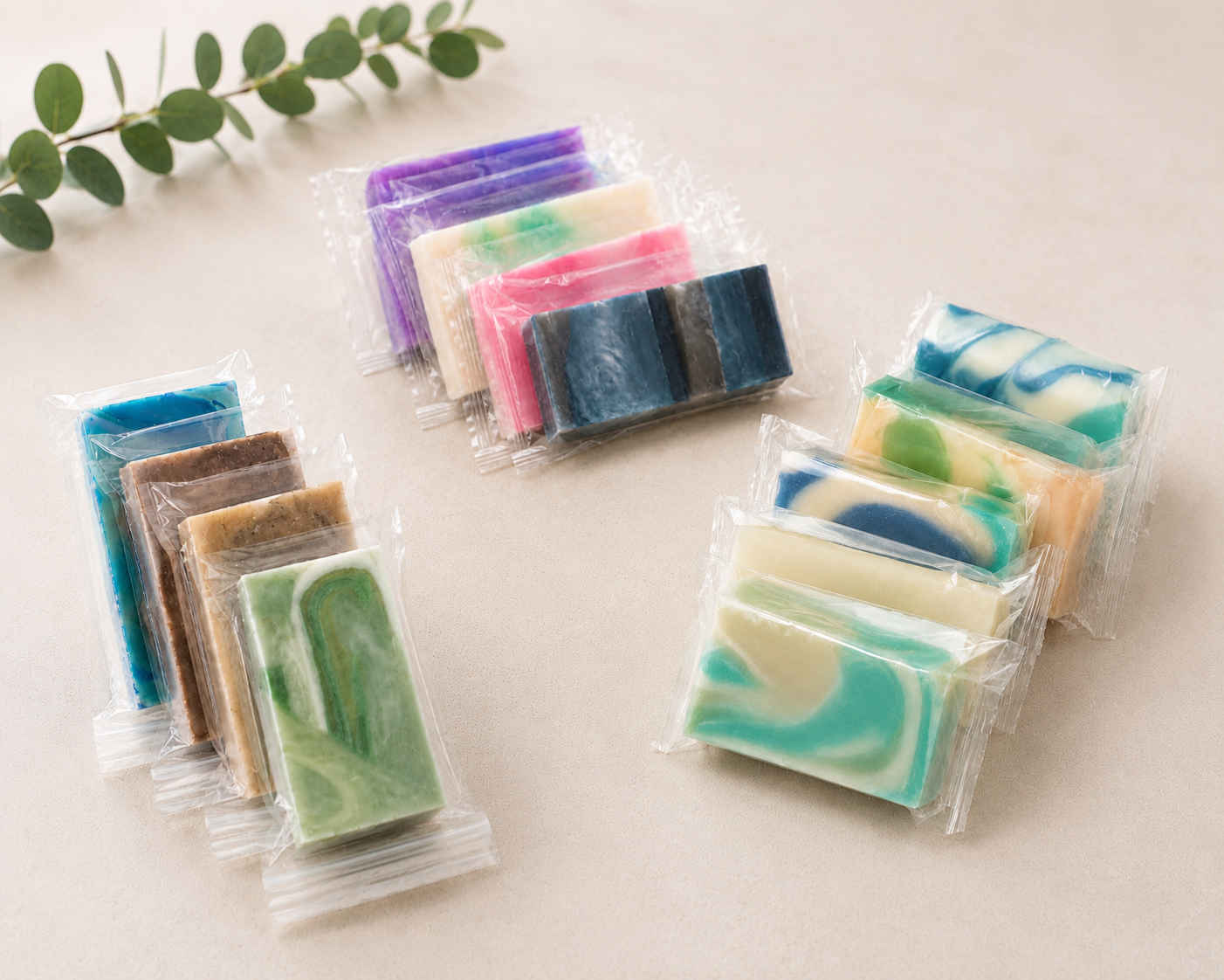 Individually wrapped mini soap bars variety pack, assorted colors in clear plastic