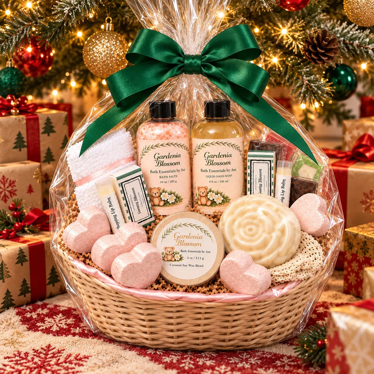 Holiday spa gift basket with green ribbon, gardenia bottles, candle, and heart soaps