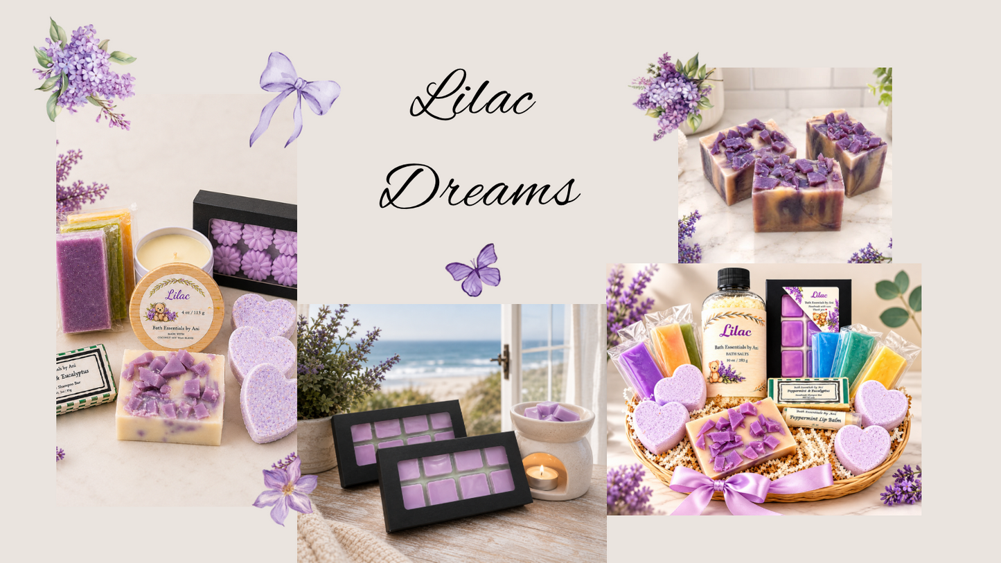 Lilac Dreams bath gift collage with purple products and lilac flowers