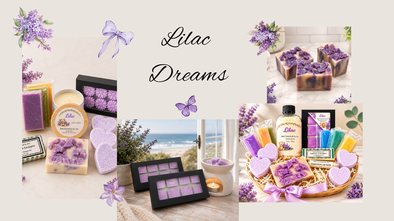 Lilac Dreams bath gift collage with purple products and lilac flowers