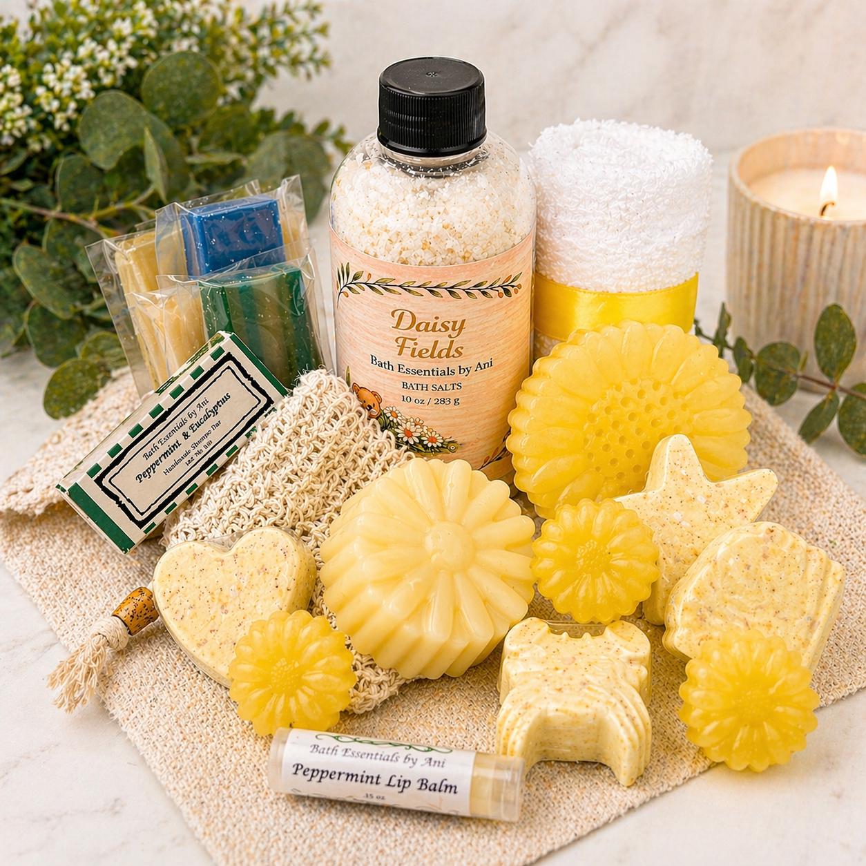 Daisy bath gift basket with bath salts bottle, yellow soap shapes, lip balm, and candle
