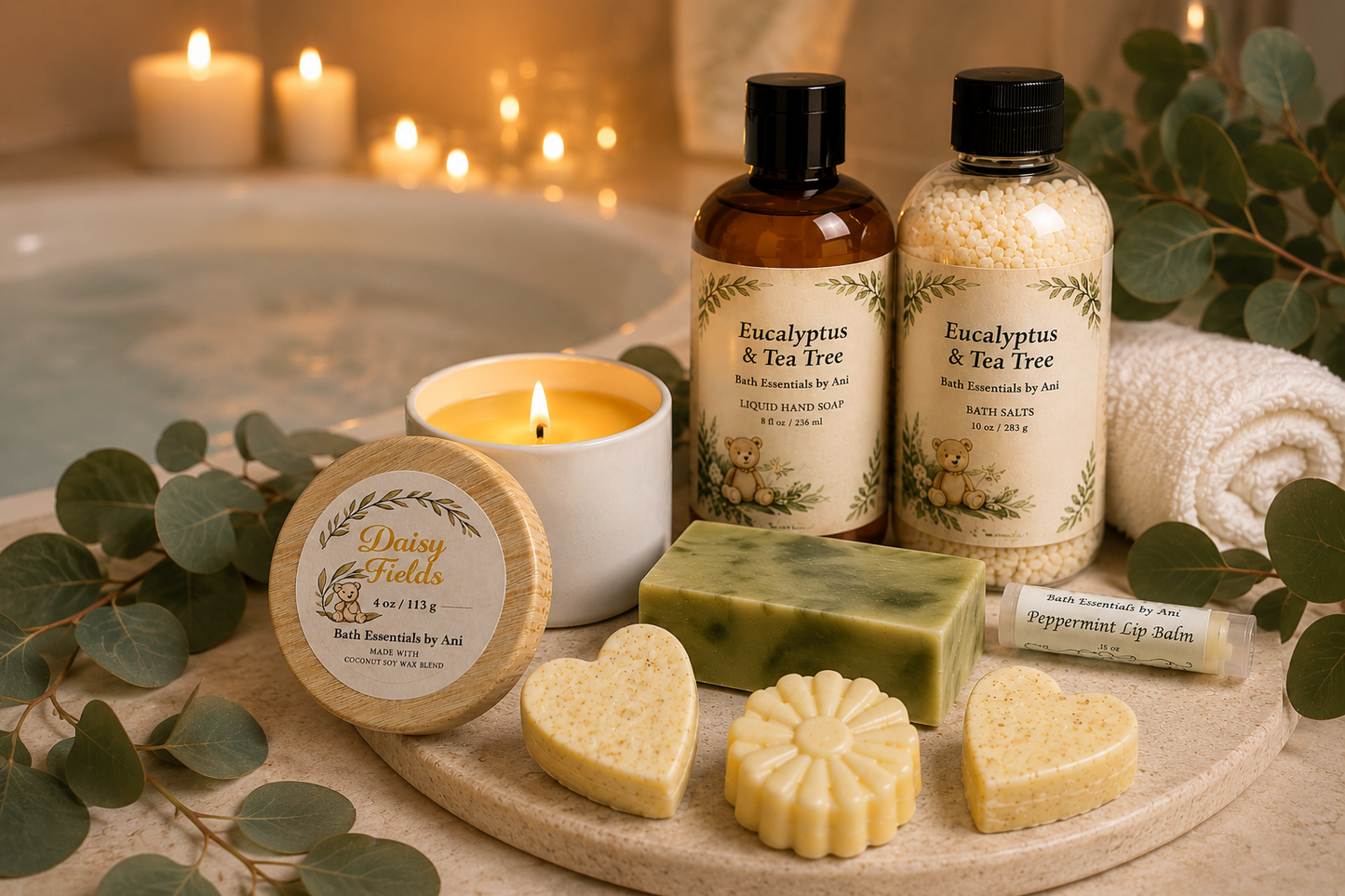 Eucalyptus Tea Tree bath set with bottles, bar soaps, and heart-shaped soap pieces