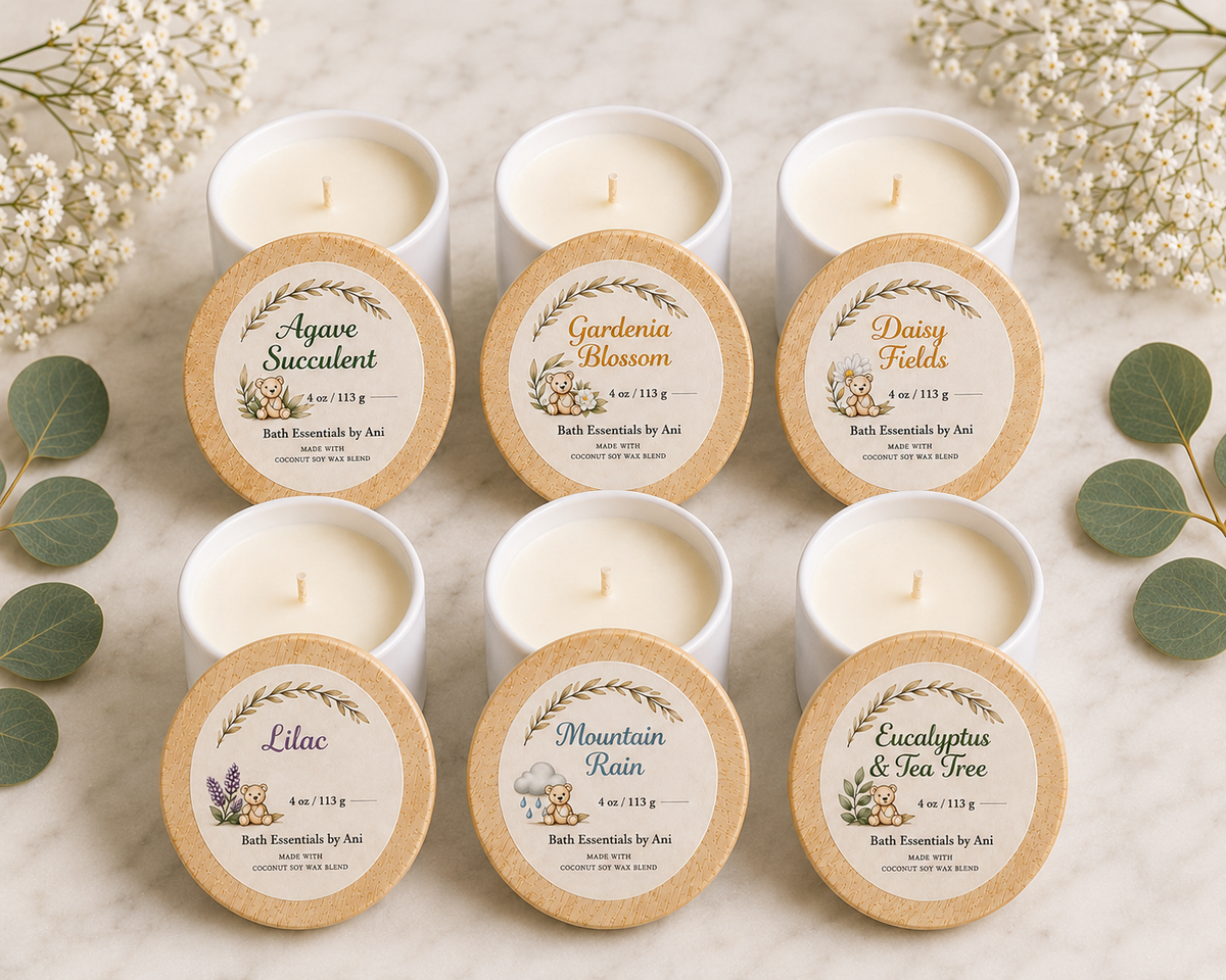 Six-scent candle set with white candles and Agave, Gardenia, Daisy, Lilac, Mountain, Eucalyptus lids