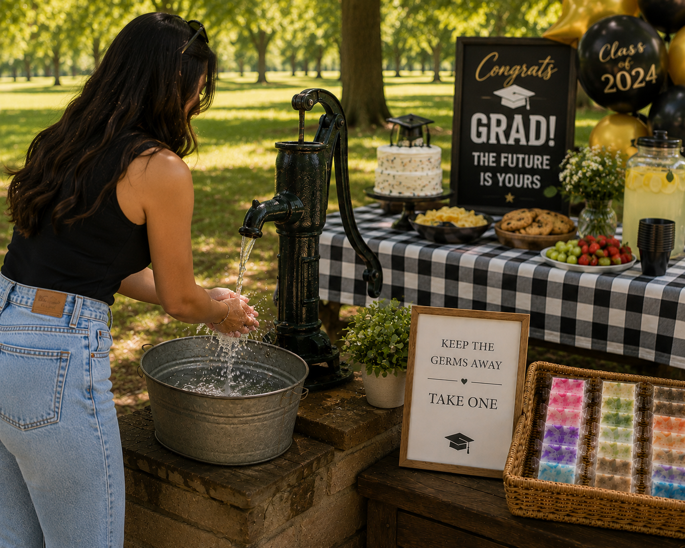 Individually wrapped soap bars on a display table outdoors