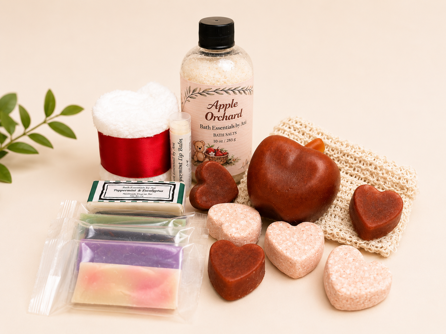 Apple Orchard bath set with black bottle, scented candle tin, heart soaps, and lip balm