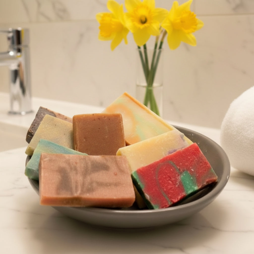 Mini handmade soap variety pack: multicolor soap bars arranged in a dish