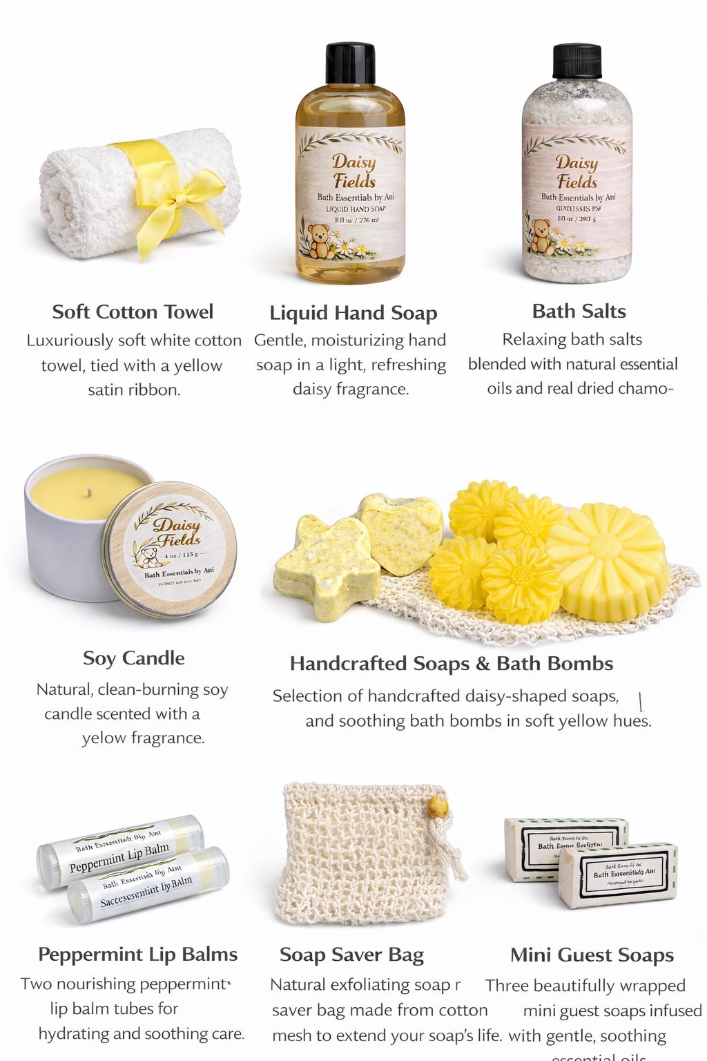 Daisy Fields bath gift set with towel, candle, soaps, bath bombs, and lip balm