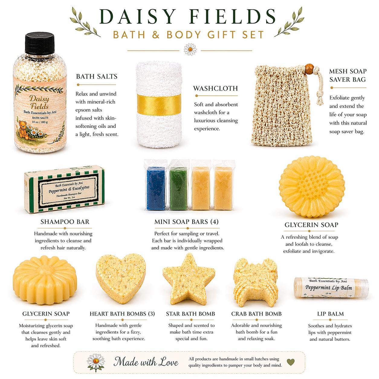 Daisy bath and body gift set with bath salts, soap bars, mini soaps, and lip balm