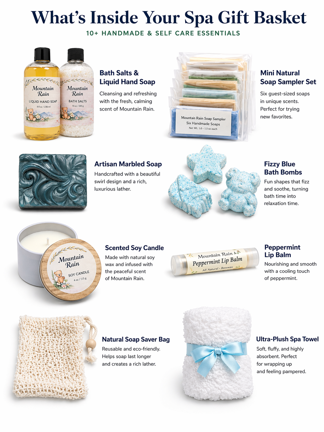 Assorted spa gift essentials: bath salts bottle, mini soap set, candle, soap bars, and towel
