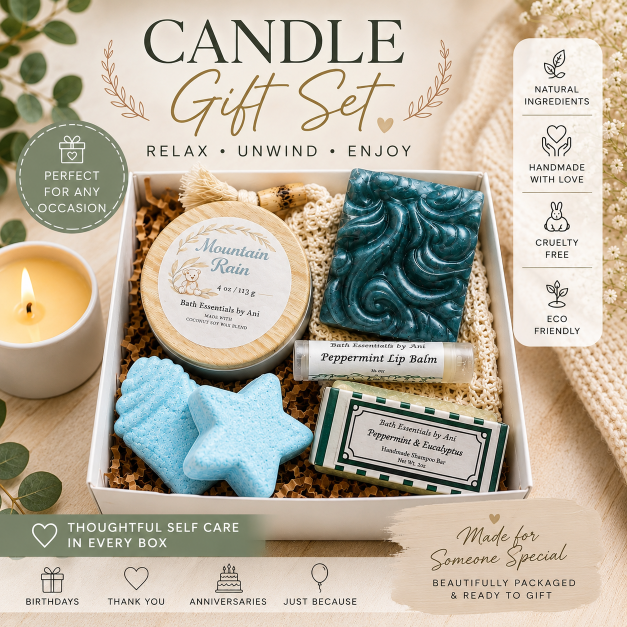 Candle gift set box with candle, teal soap bar, and blue star-shaped bath bombs