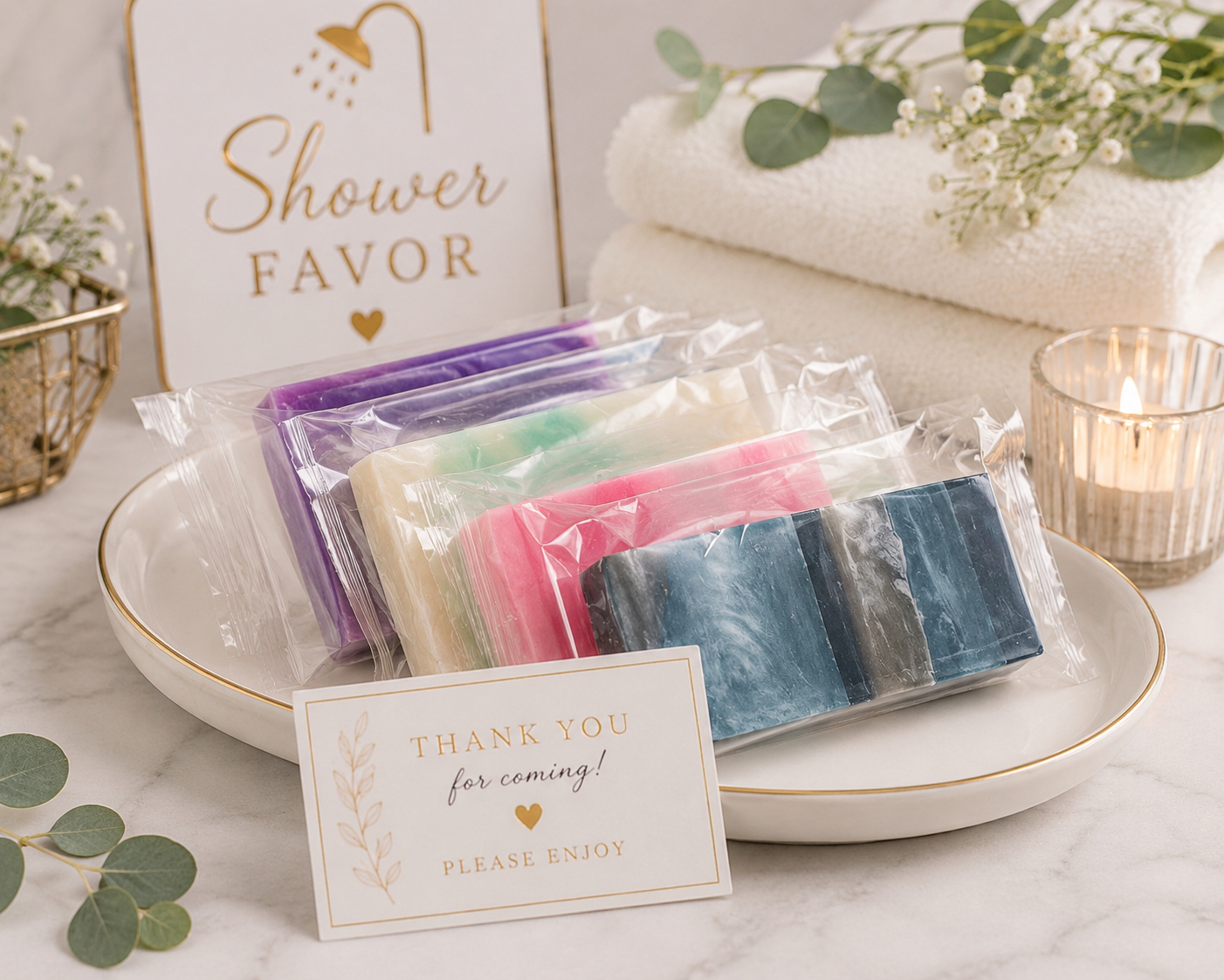 Wrapped mini soap bars on a plate with assorted colors in clear plastic