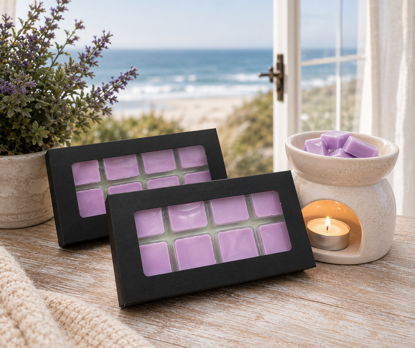 Spa wax melt tray with purple squares, candle, and small bath accessory in a set