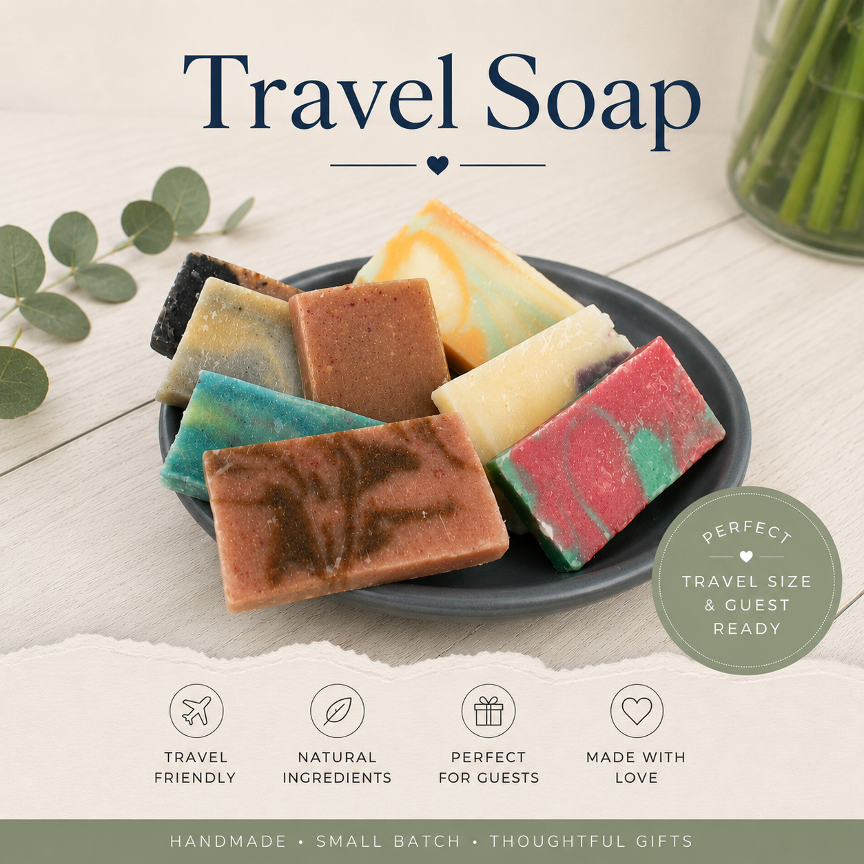 Stack of small cut soap bars on a plate, assorted colors