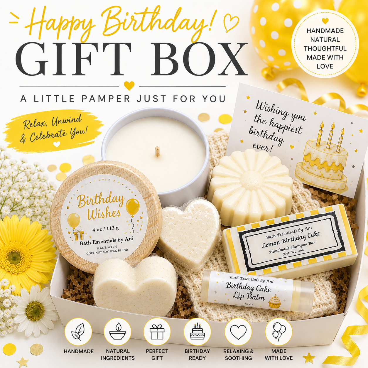 Happy Birthday bath gift box with yellow candle, soap bars, and lip balm inside