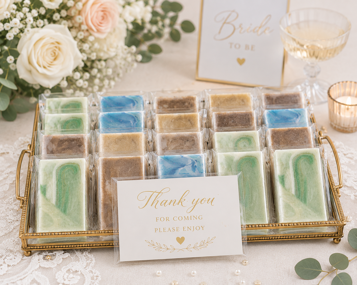 Soap variety pack with mixed green, blue, and brown bars in gold tray, with thank-you card