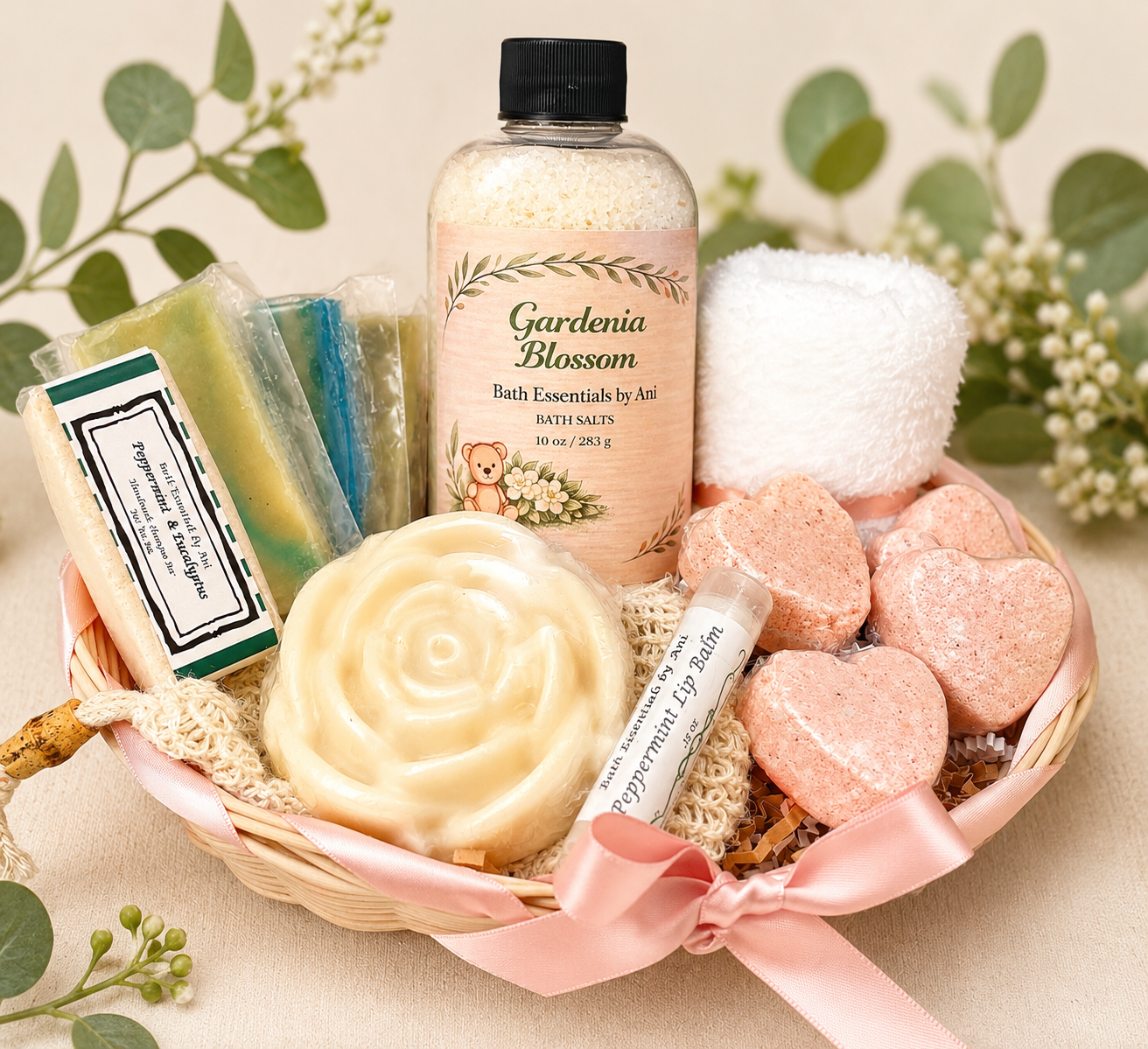 Gardenia Blossom bath gift basket with bottle, bar soaps, bath salts, and bath bombs