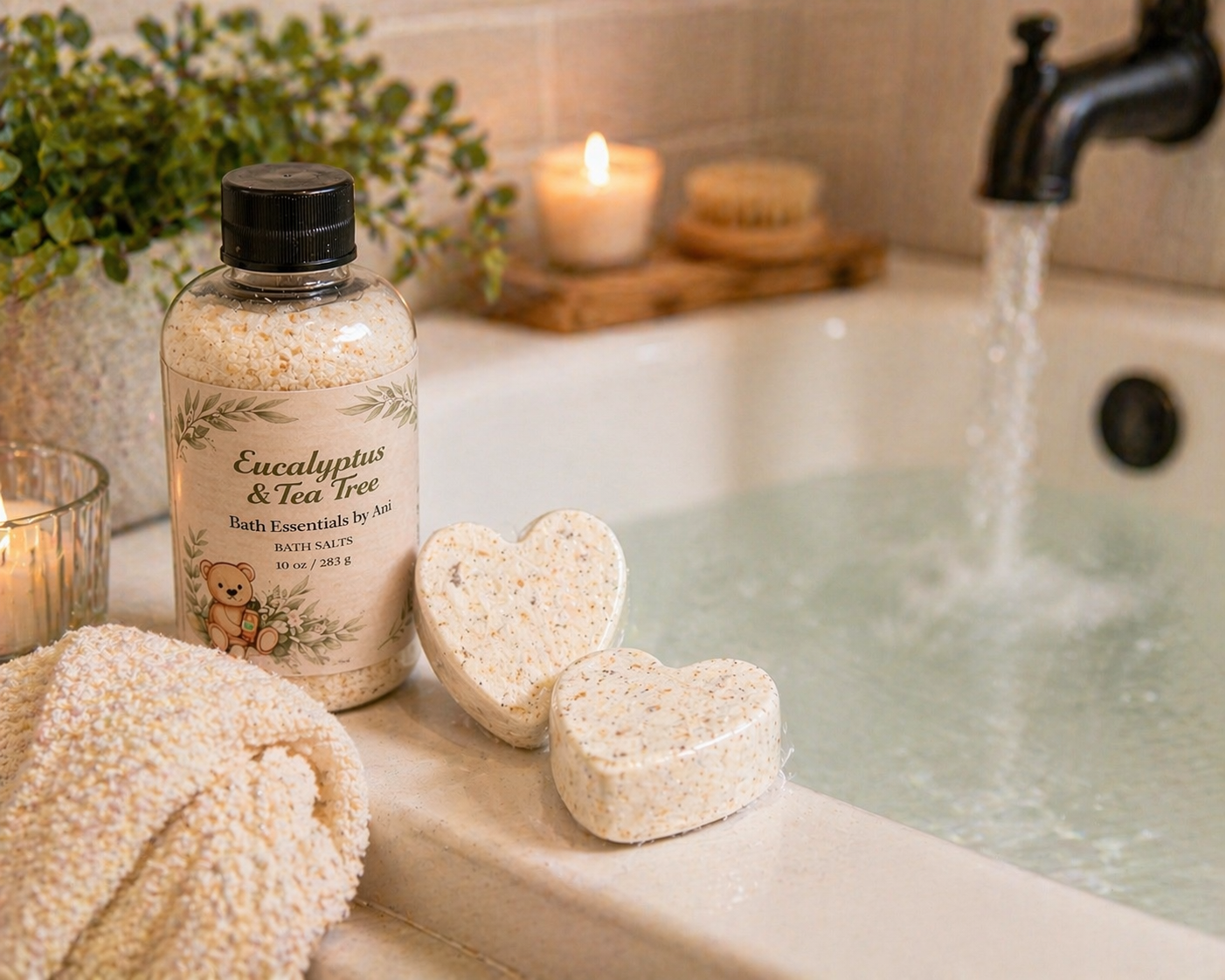 Bath salt bath essentials with heart soaps and a eucalyptus body bottle by a tub