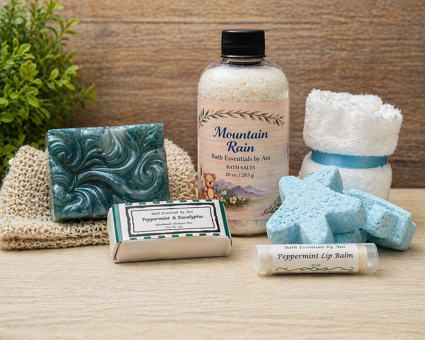 Spa self-care flat lay with bath salts bottle, teal soap bar, blue bath bombs, lip balm