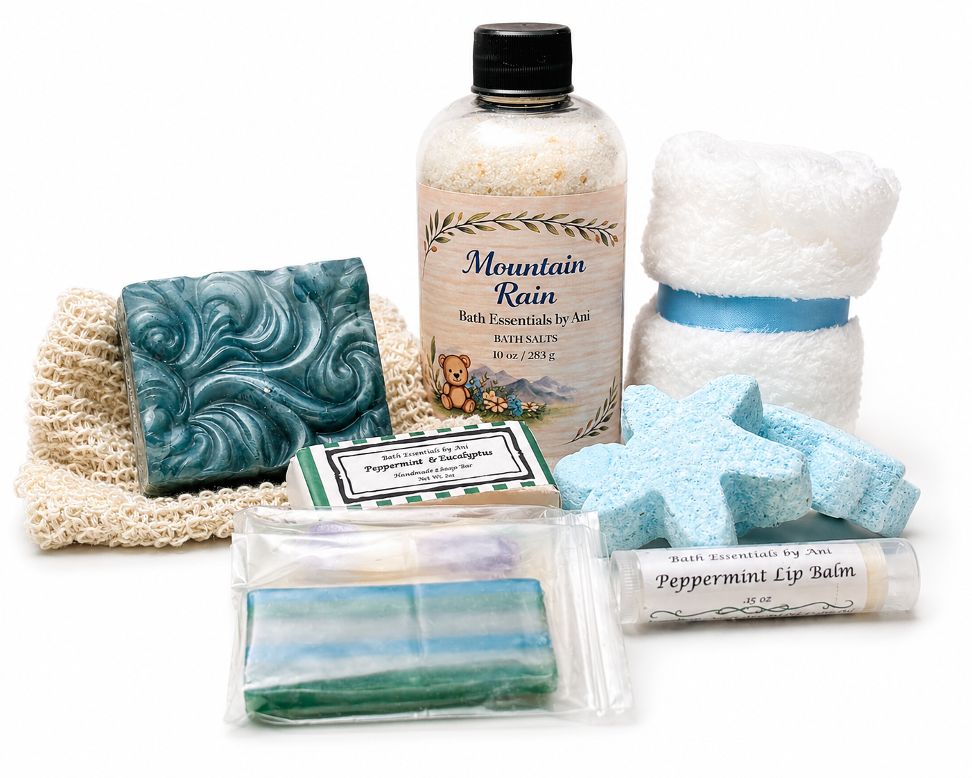 Relaxation spa basket with blue soap bar, washcloth, bath bomb stars, bath salts bottle, balms