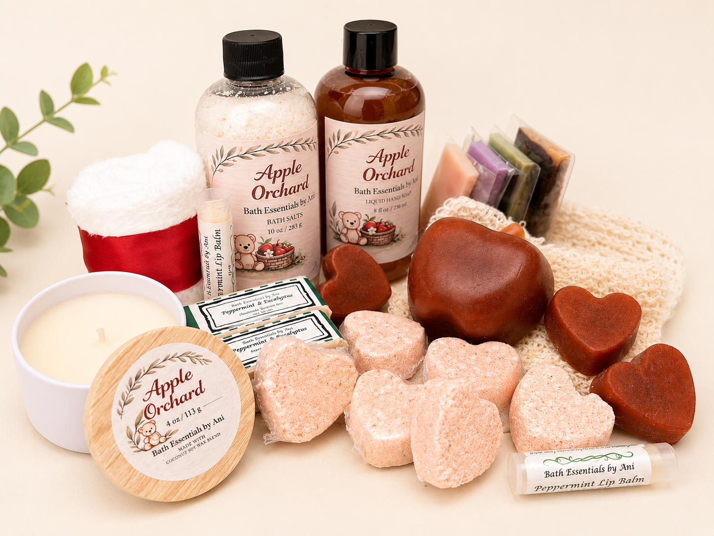 Apple Orchard gift box with candle, apple-shaped and heart soaps, and bath essentials