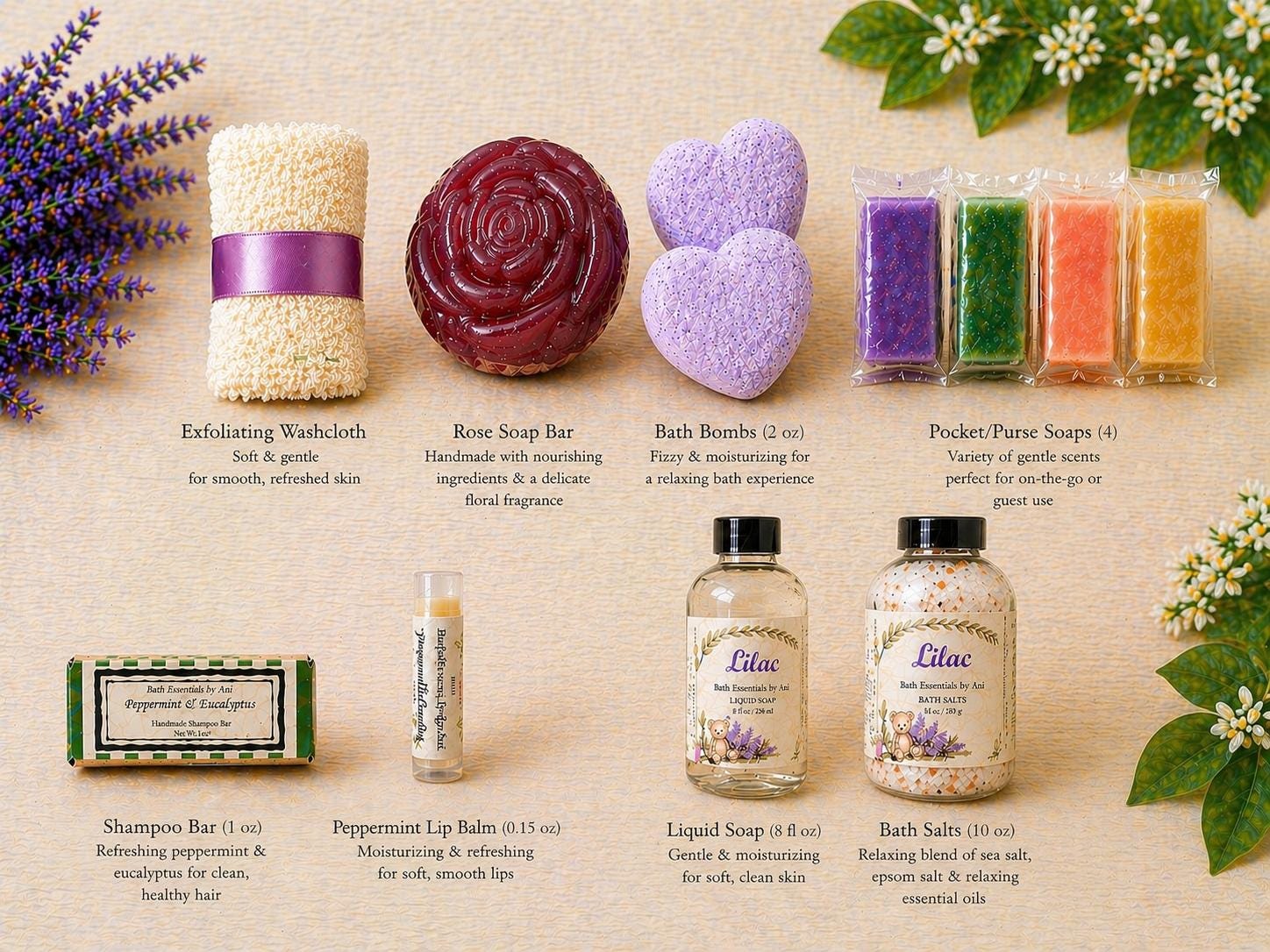 Lilac bath gift basket assortment with rose soap bar, heart bath bombs, and colorful soap cubes