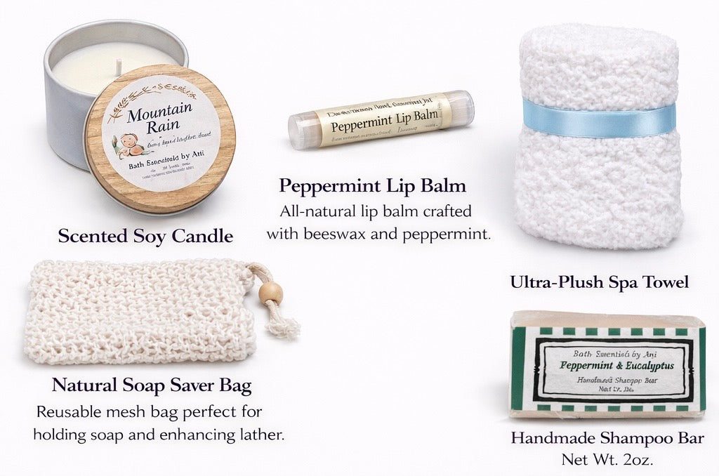 Assorted self-care items: candle, lip balm, soap saver bag, spa towel, and shampoo bar