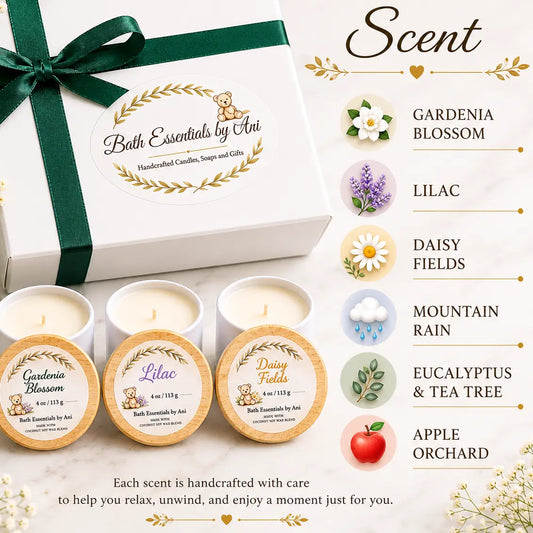 Candle discovery set gift box with ribbon and six mini candles with scent lids