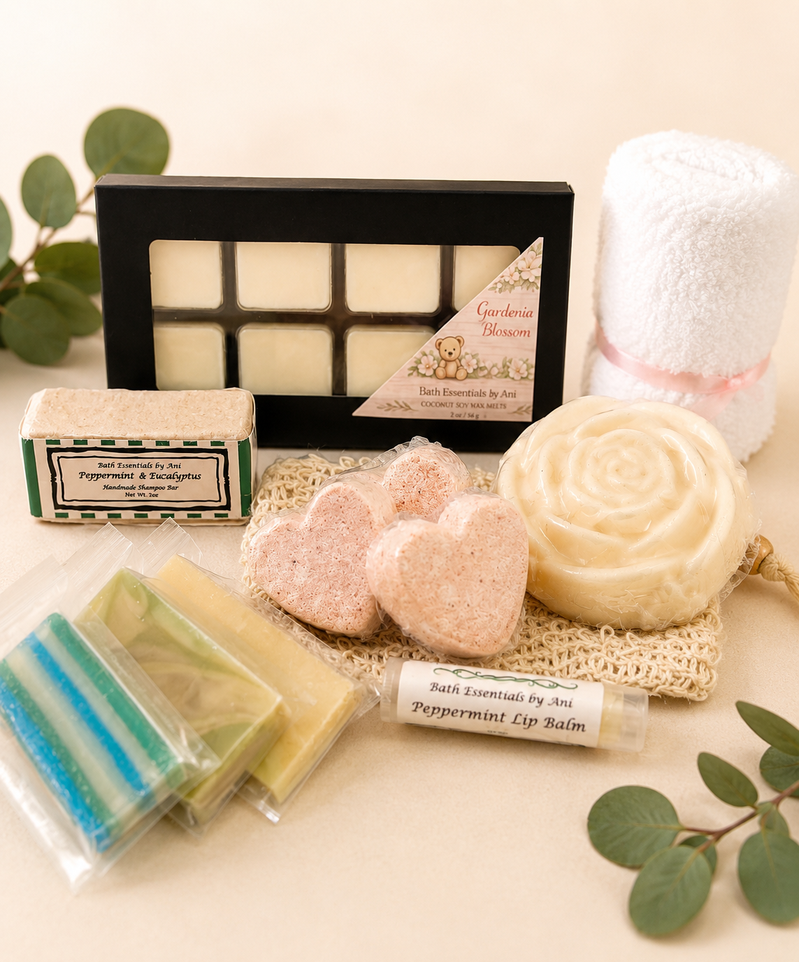 Spa bath gift box with wax melts, pink heart bath bombs, swirl soap and towel roll