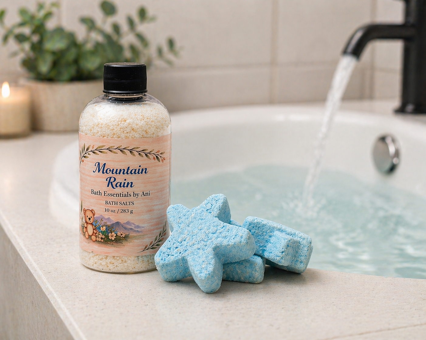 Bath essentials bottle beside blue star-shaped bath bombs in a filled bathtub