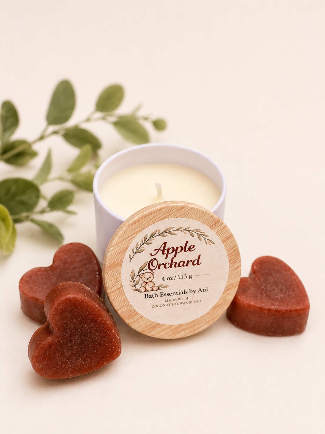 Apple Orchard candle with brown apple and heart-shaped soaps